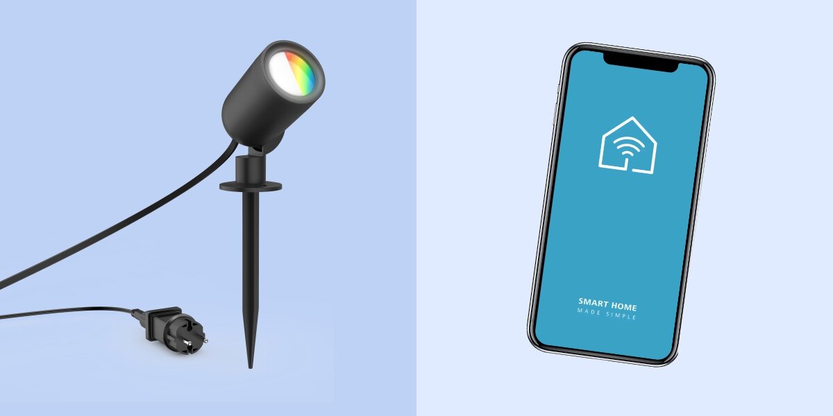 Lampa ogrodowa HAMA 00176679 Wi-fi, harmonogram, ruch, podgląd, energia, lampa ogrodowa ze szpilką do wbicia oraz telefon z aplikacją smart home.