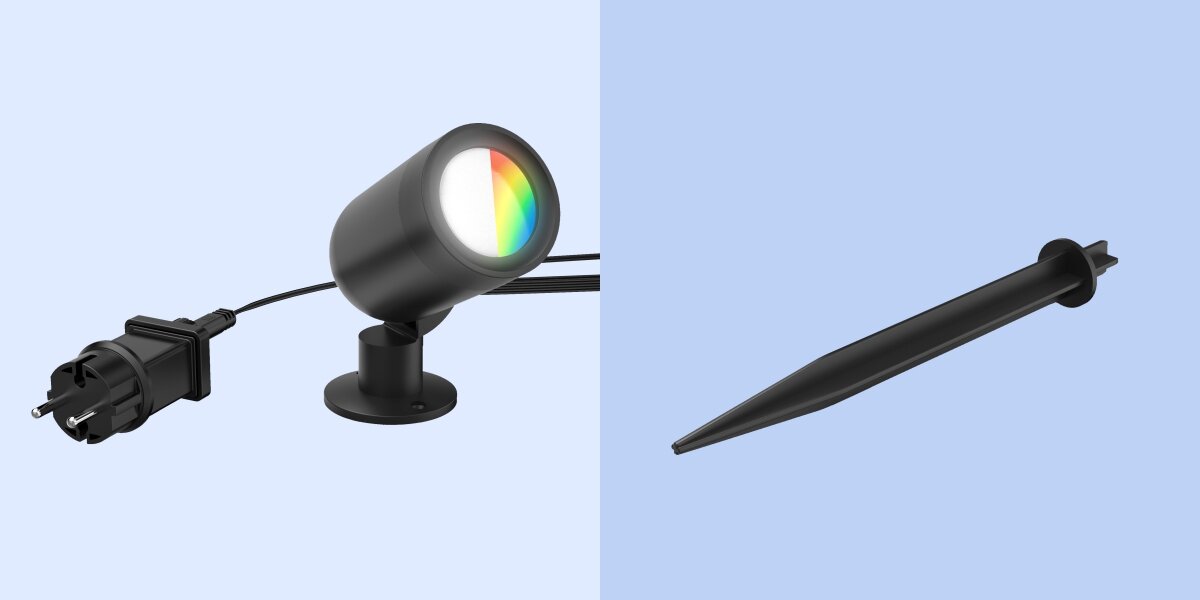 Lampa ogrodowa HAMA 00176679 Wi-fi, gruntowy, ściana, przegub, fasada, Lampa ogrodowa z podstawką i wtyczką obok osobnego kolca do montażu w ziemi.