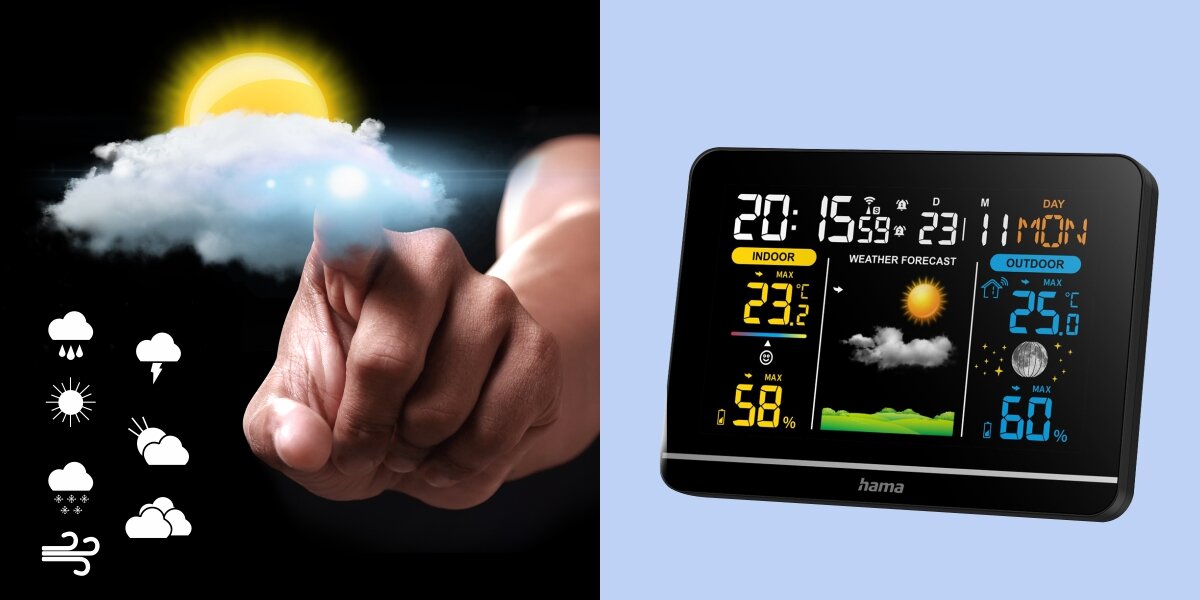 Stacja pogodowa HAMA Usedom Czarny Ekran stacji pogodowej Hama prezentujący ikony prognozy pogody, temperaturę wewnętrzną i zewnętrzną oraz wilgotność powietrza.