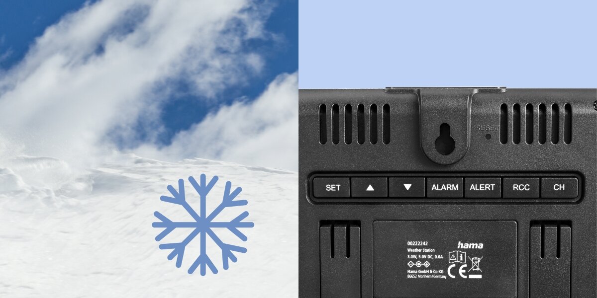 Stacja pogodowa HAMA Usedom Czarny Widok tyłu stacji pogodowej Hama z przyciskami funkcyjnymi SET, ALARM, ALERT i RCC oraz otworem do montażu ściennego.
