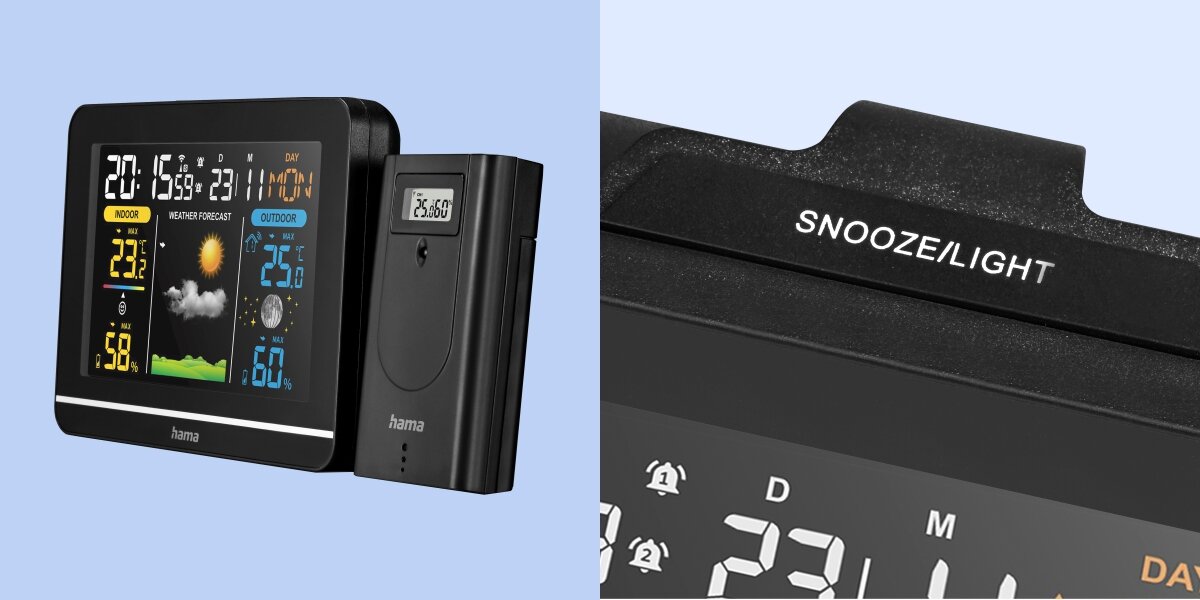 Stacja pogodowa HAMA Usedom Czarny Zbliżenie na górną część obudowy stacji pogodowej Hama z wyraźnym przyciskiem SNOOZE i LIGHT do drzemki oraz podświetlenia.
