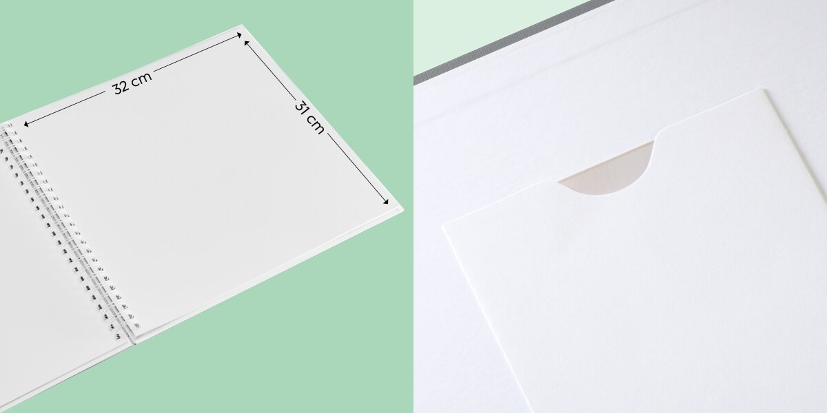 Album HAMA Fine Art Czarny (50 stron) Wymiary dużego albumu na spirali: 32 cm szerokości na 31 cm wysokości oraz widok białej kieszeni na pamiątki