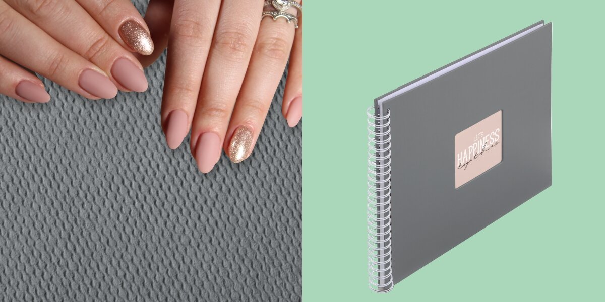 Album HAMA Fine Art 9838 Szary (50 stron) Biała okrągła lampa pierścieniowa LED z klipsem oraz przykład jej użycia na tablecie podczas robienia zdjęcia grupowego.