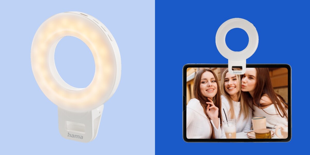 Lampka pierścieniowa LED HAMA To Go 4674 Biała lampa pierścieniowa Hama z klipsem oraz przykład jej użycia na tablecie podczas robienia wspólnego zdjęcia przez trzy kobiety.