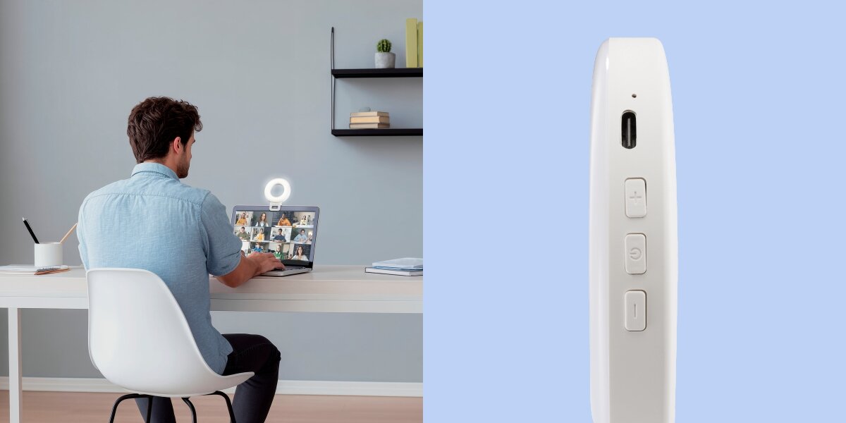 Lampka pierścieniowa LED HAMA To Go 4674 Mężczyzna uczestniczący w wideokonferencji na laptopie z lampą pierścieniową LED oraz zbliżenie na przyciski sterowania jasnością i port ładowania lampy.