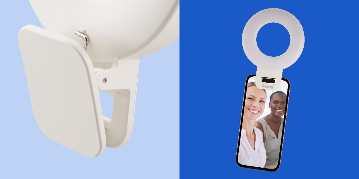 Lampka pierścieniowa LED HAMA To Go 4674 Detale mocowania lampy pierścieniowej na klips oraz smartfon z zamontowanym oświetleniem wyświetlający uśmiechnięte kobiety.