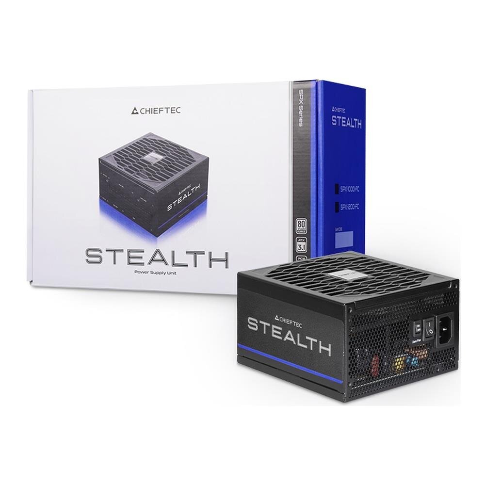 Na obrazie widoczny jest zasilacz Chieftec Stealth oraz jego opakowanie. Na opakowaniu znajduje się logo Chieftec i napis \'STEALTH Power Supply Unit\'.