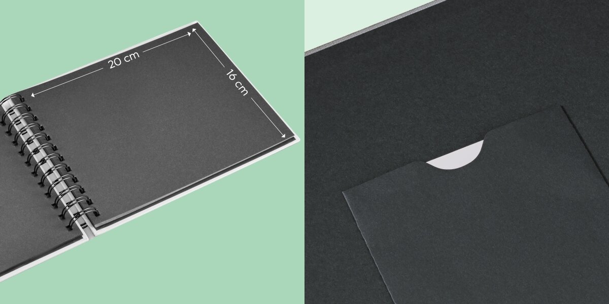 Album HAMA Fine Art Czarne kartki Biały (50 stron) Wymiary białego albumu na zdjęcia: 20 cm szerokości i 16 cm wysokości oraz zbliżenie na wewnętrzną kieszeń.