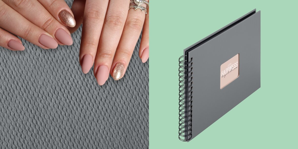 Album HAMA Fine Art 9841 Czarne kartki Szary (50 stron) Zbliżenie na fakturę szarej okładki albumu oraz widok produktu na miętowym tle ukazujący białą spiralę.