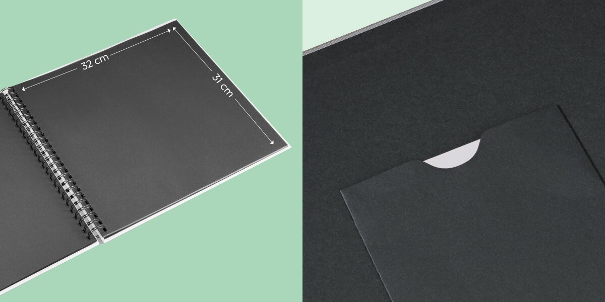 Album HAMA Fine Art Czarne kartki Ceglany (50 stron) Grafika przedstawiająca wymiary czarnego albumu: 32 cm szerokości i 31 cm wysokości oraz widok wewnętrznej kieszeni.