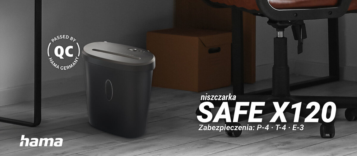 Niszczarka HAMA SAFE X120 21 L, P-4, Ścinki, Automatyczny Start/Stop, Funkcja cofania niszczarka postawiona przy biurku w biurze napis z modelem i marką z dopisem zabezpieczeń