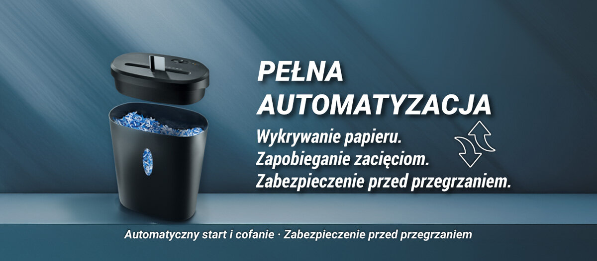 Niszczarka HAMA SAFE X120 21 L, P-4, Ścinki, Automatyczny Start/Stop, Funkcja cofania pełna automatyzacja wypisane cechy niszczarka na niebieskim tle z poświatą padającego światła Automatyczna obsługa ochrona przed przegrzaniem usprawnia pracę