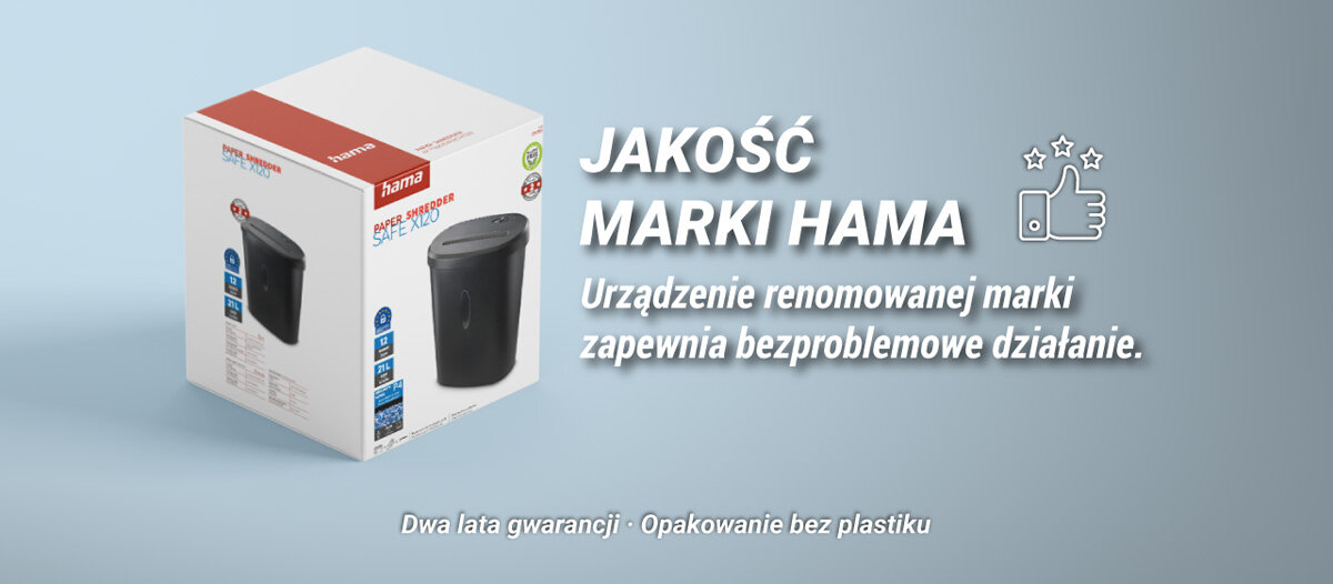 Niszczarka HAMA SAFE X120 21 L, P-4, Ścinki, Automatyczny Start/Stop, Funkcja cofania prezentacja opakowania niszczarki na szaro-niebieskim tle napis jakość marki Hama Jakość i trwałość marki Hama bezpieczeństwo wygoda trwałość sprawdzona i cicha praca