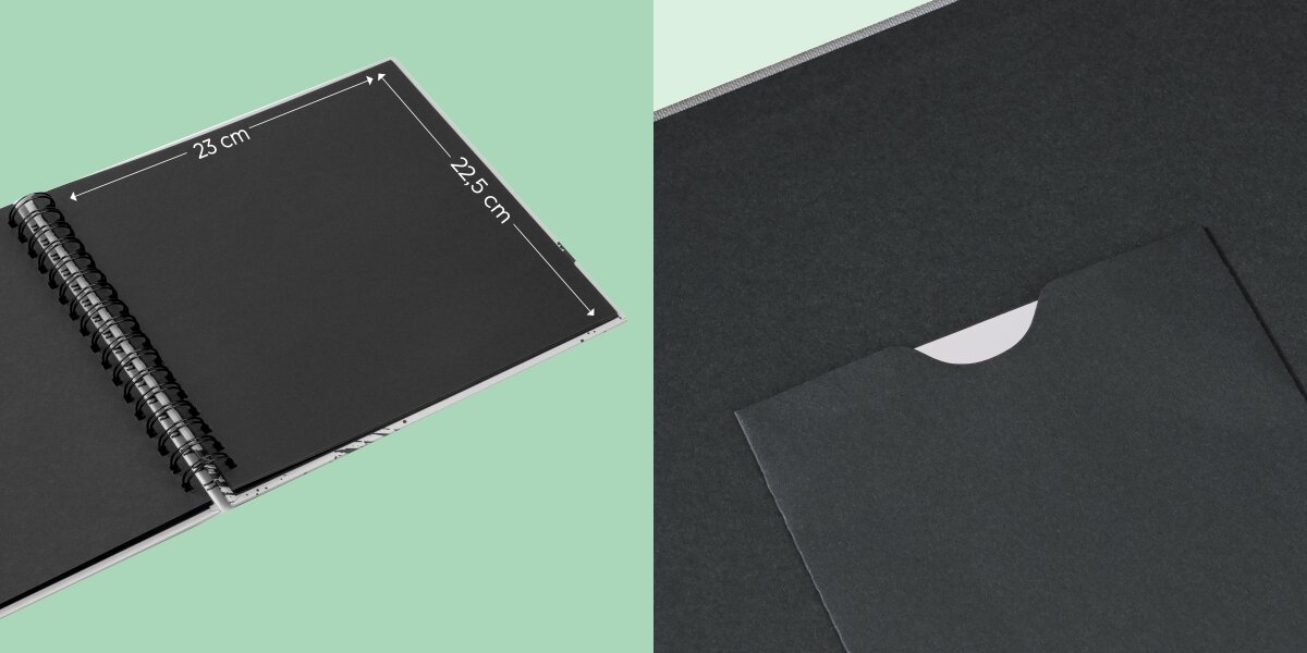 Album HAMA Fine Art Czarne kartki Szarozielony (50 stron) Grafika przedstawiająca wymiary czarnego albumu: 23 cm szerokości i 22,5 cm wysokości oraz widok wewnętrznej kieszeni.