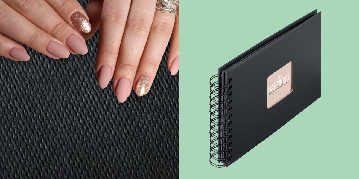 AAlbum HAMA Fine Art 9833 Czarne kartki Czarny (50 stron) Zbliżenie na fakturę okładki albumu oraz widok produktu z białą spiralą na jasnym tle.