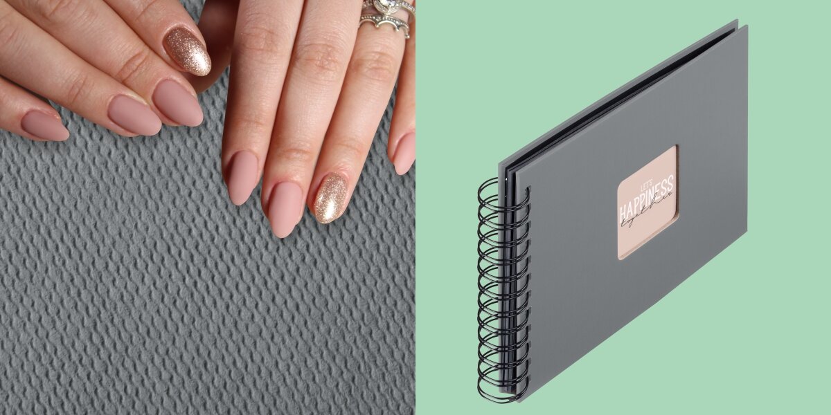 Album HAMA Fine Art 9839 Czarne kartki Szary (50 stron) Zbliżenie na fakturę okładki albumu oraz widok produktu z białą spiralą na jasnym tle.