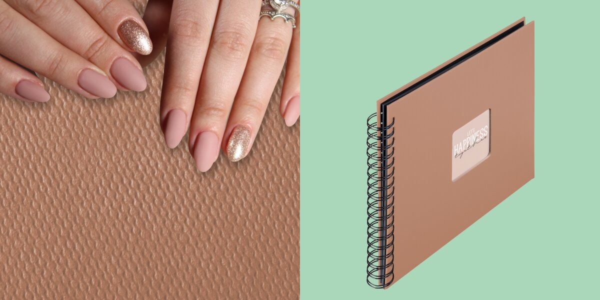 Album HAMA Fine Art Czarne kartki Brązowy (50 stron) Zbliżenie na fakturę okładki albumu oraz widok produktu z białą spiralą na jasnym tle.