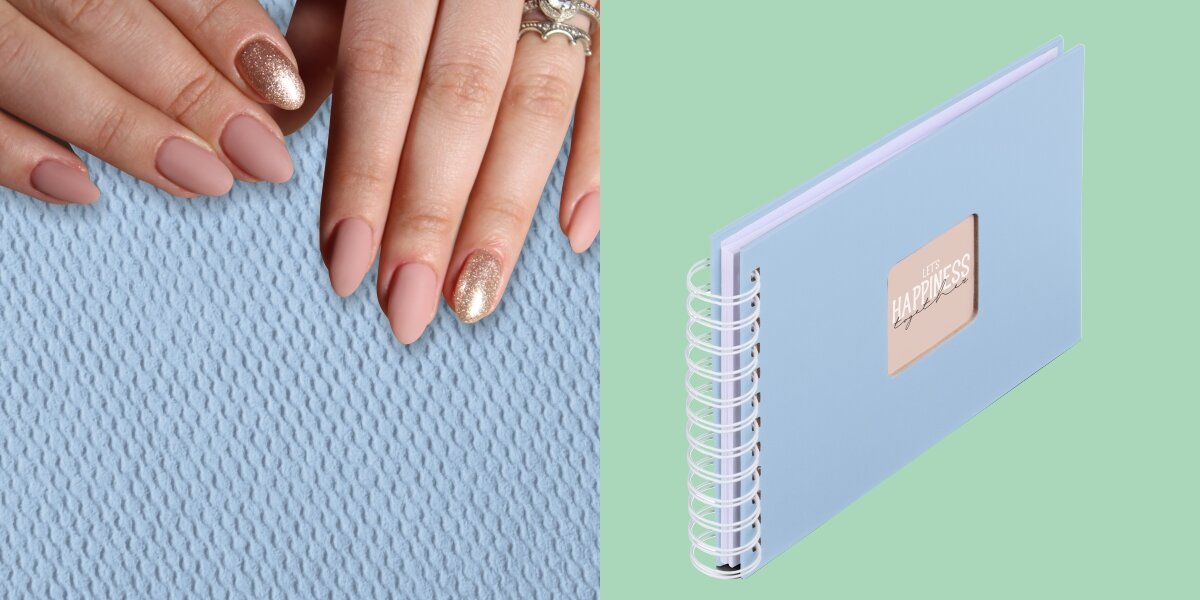 Album HAMA Fine Art Białe kartki Błękitny (50 stron) Zbliżenie na fakturę okładki albumu oraz widok produktu z białą spiralą na jasnym tle.