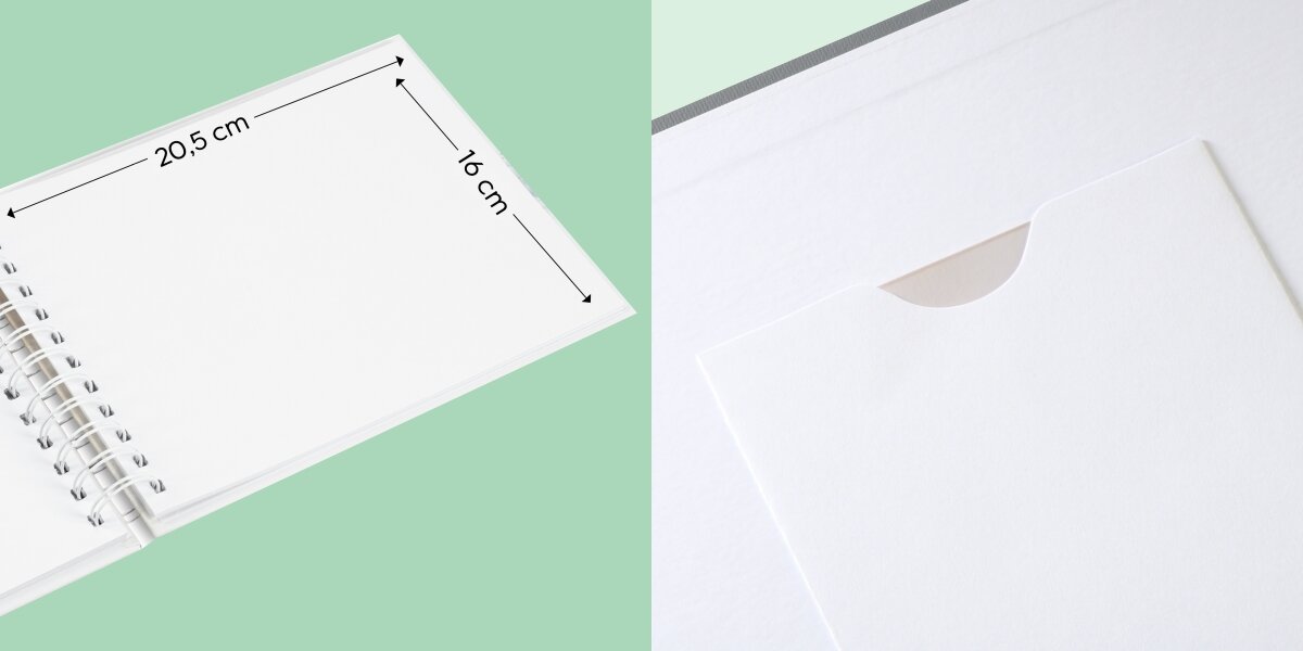 Album HAMA Fine Art Białe kartki Błękitny (50 stron) Grafika przedstawiająca wymiary czarnego albumu: 23 cm szerokości i 22,5 cm wysokości oraz widok wewnętrznej kieszeni.