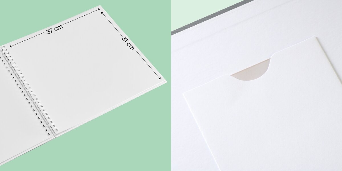 Album HAMA Fine Art 9868 Białe kartki Szarozielony (50 stron) Grafika przedstawiająca wymiary czarnego albumu: 23 cm szerokości i 22,5 cm wysokości oraz widok wewnętrznej kieszeni.