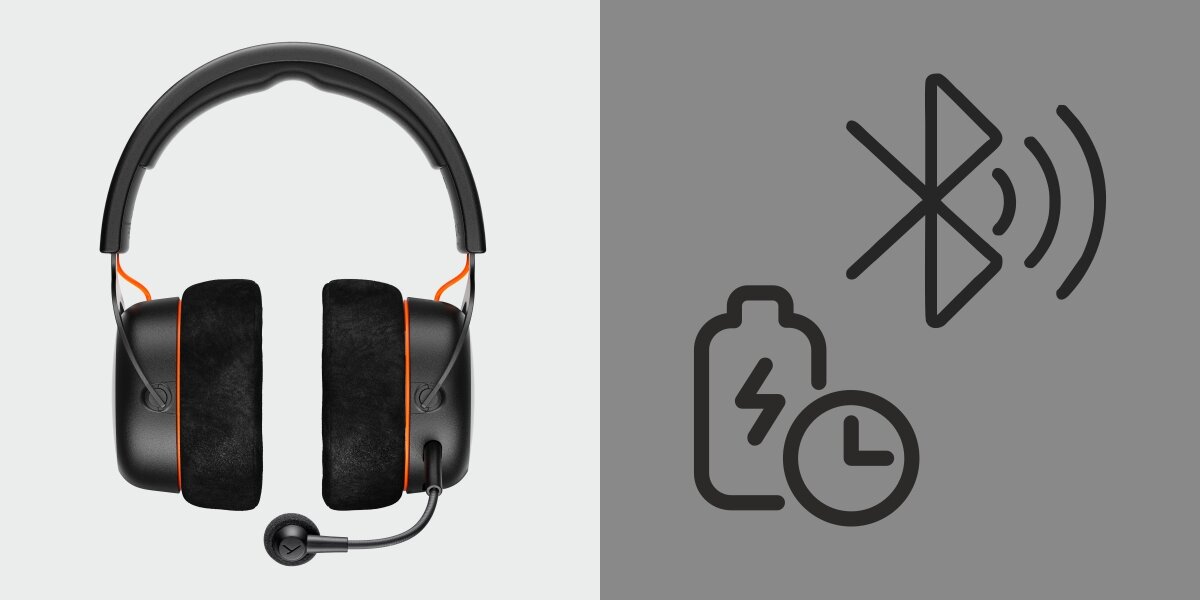 Frontalny widok na czarne słuchawki gamingowe beyerdynamic z pomarańczowymi akcentami i podłączonym mikrofonem. Po prawej ikony symbolizujące funkcję Bluetooth i długi czas pracy baterii/szybkie ładowanie.