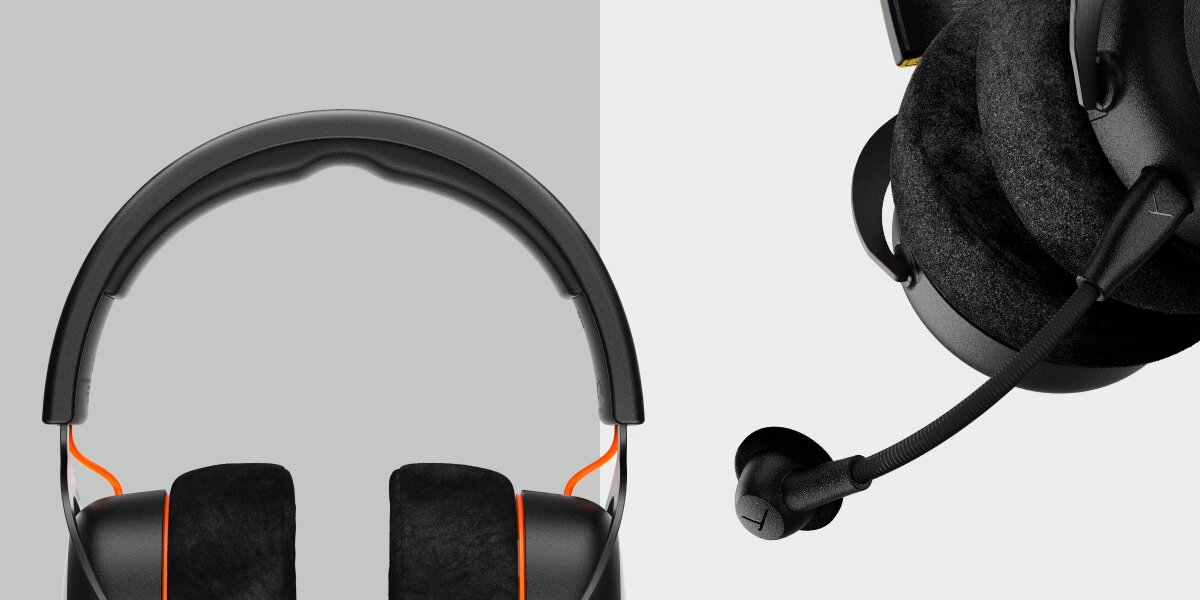 Dwa zbliżenia na szczegóły słuchawek beyerdynamic: po lewej wykończenie pałąka i wnętrze nauszników z welurowymi poduszkami, po prawej ramię odpinanego mikrofonu z małą gąbką redukującą szumy i logo na końcu.