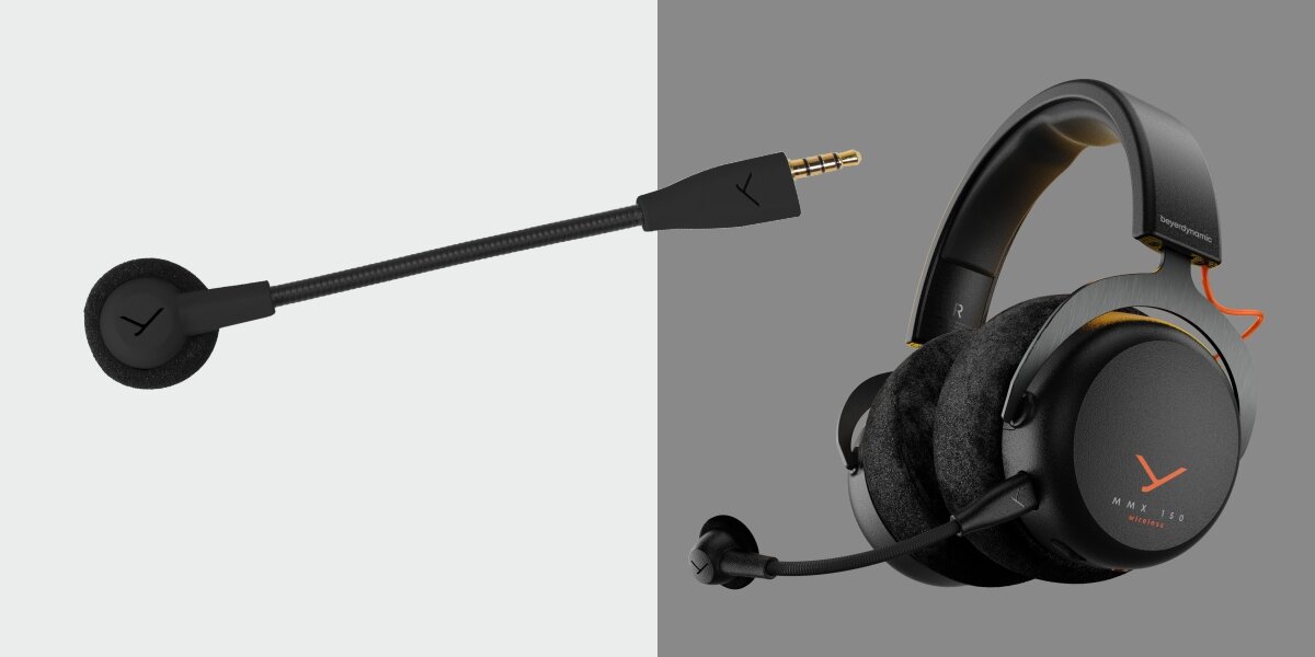 Dwa ujęcia słuchawek beyerdynamic MMX 150 Wireless: po lewej odpinany mikrofon z końcówką jack 3,5 mm (widoczny wtyk), po prawej pełny widok słuchawek z podłączonym mikrofonem, prezentujący welurowe nauszniki i pałąk.