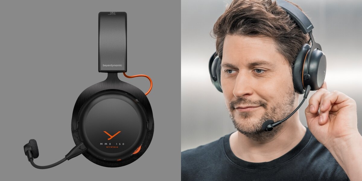 Z lewej strony pełny widok na słuchawkę beyerdynamic MMX 150 Wireless z logo beyerdynamic na pałąku. Z prawej portret uśmiechniętego mężczyzny w słuchawkach z opuszczonym mikrofonem, chwytającego za muszlę słuchawki.