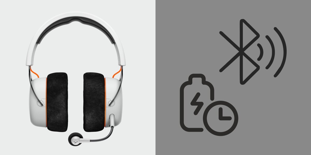 Frontalny widok na białe słuchawki gamingowe beyerdynamic z pomarańczowymi akcentami i podłączonym mikrofonem. Po prawej ikony symbolizujące funkcję Bluetooth i długi czas pracy baterii/szybkie ładowanie.
