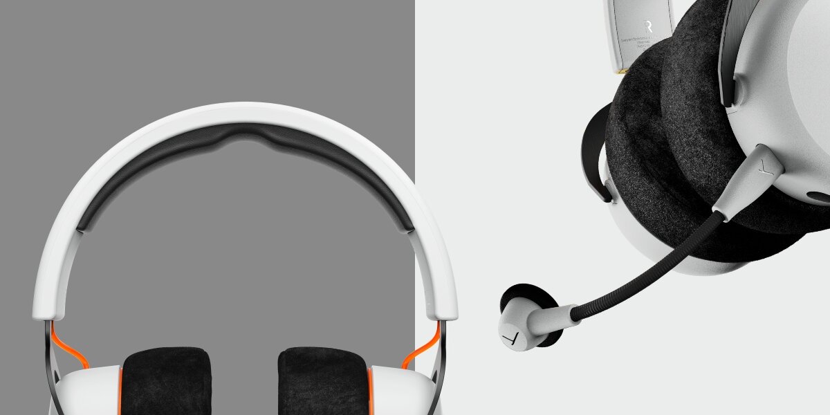 Dwa zbliżenia na szczegóły słuchawek beyerdynamic: po lewej wykończenie pałąka i wnętrze nauszników z welurowymi poduszkami, po prawej ramię odpinanego mikrofonu z małą gąbką redukującą szumy i logo na końcu.