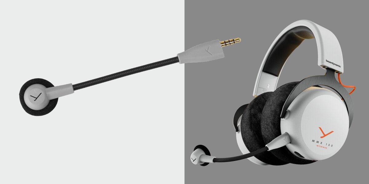 Dwa ujęcia słuchawek beyerdynamic MMX 150 Wireless: po lewej odpinany mikrofon z końcówką jack 3,5 mm (widoczny wtyk), po prawej pełny widok słuchawek z podłączonym mikrofonem, prezentujący welurowe nauszniki i pałąk.