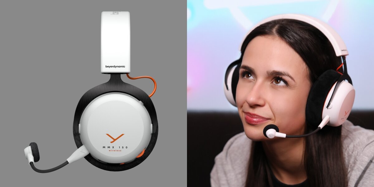 Z lewej strony pełny widok na słuchawkę beyerdynamic MMX 150 Wireless z logo beyerdynamic na pałąku. Z prawej portret uśmiechniętego mężczyzny w słuchawkach z opuszczonym mikrofonem, chwytającego za muszlę słuchawki.