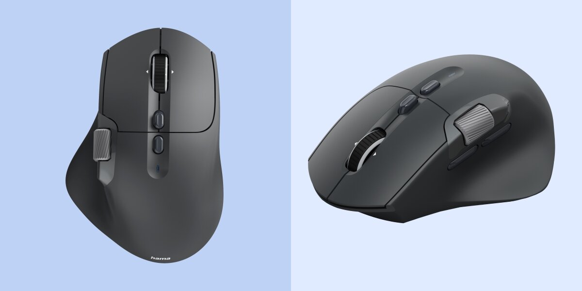 Mysz HAMA WM-900 Czarny Mysz pionowa Hama widok z góry i z boku, prezentujący rolkę przewijania oraz dodatkowe przyciski funkcyjne.