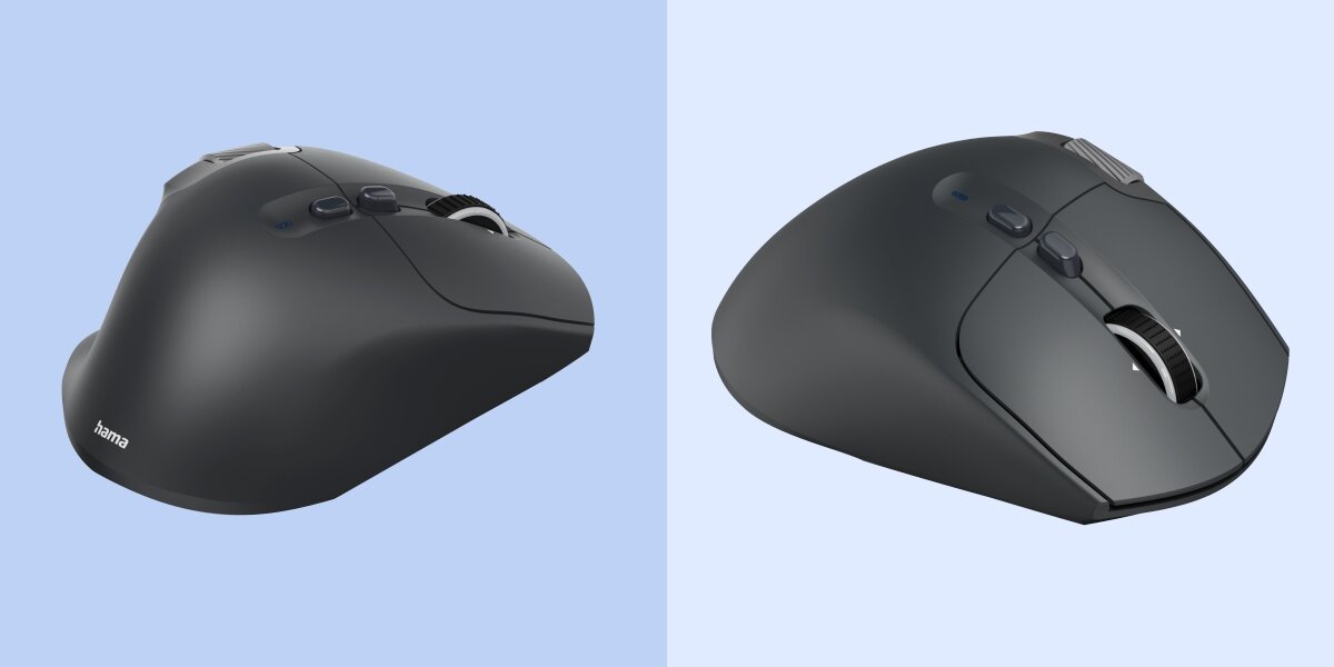 Mysz HAMA WM-900 Czarny Profil myszy bezprzewodowej Hama pokazujący ergonomiczny kształt wspierający naturalne ułożenie dłoni.