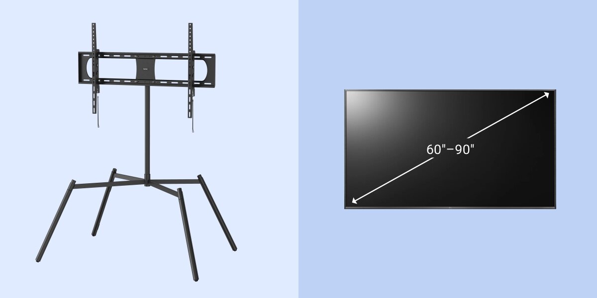 Stojak podłogowy HAMA do TV 60-90 cali 220894 Czarny Czarny stojak podłogowy na TV o przekątnej od 60 do 90 cali. Po lewej stronie widać pustą konstrukcję uchwytu typu easel, po prawej grafikę z sugerowanym rozmiarem ekranu telewizora.