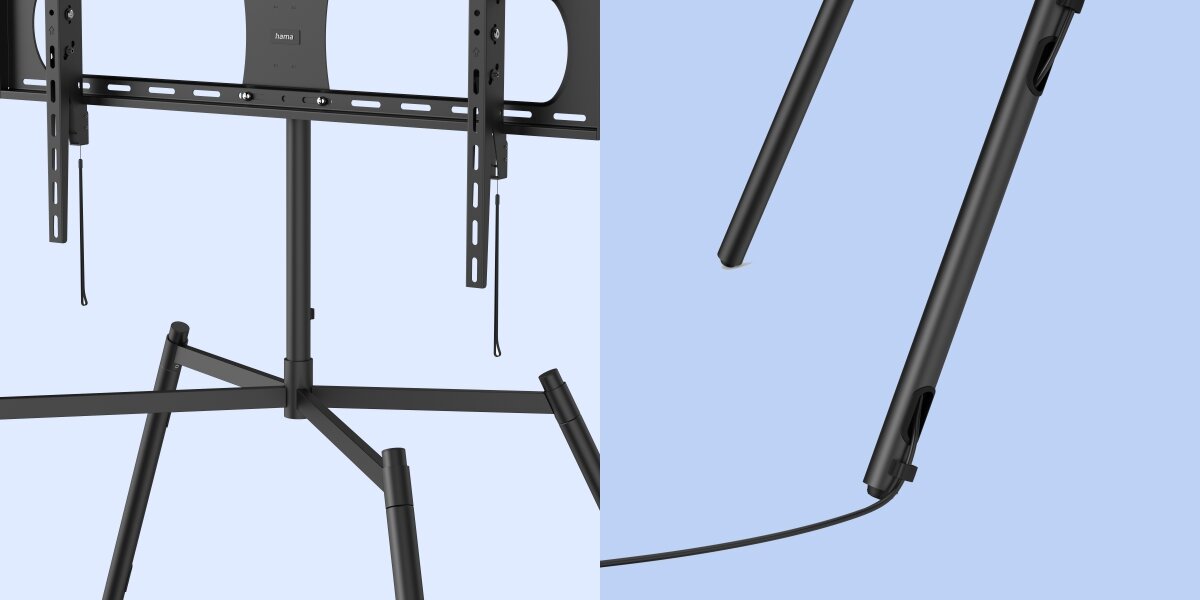 Stojak podłogowy HAMA do TV 60-90 cali 220894 Czarny Detale konstrukcyjne czarnego stojaka pod TV: mechanizm zatrzaskowy uchwytu VESA z linkami zabezpieczającymi oraz wylot kabla u dołu nogi stojaka, ułatwiający ukrycie przewodów.