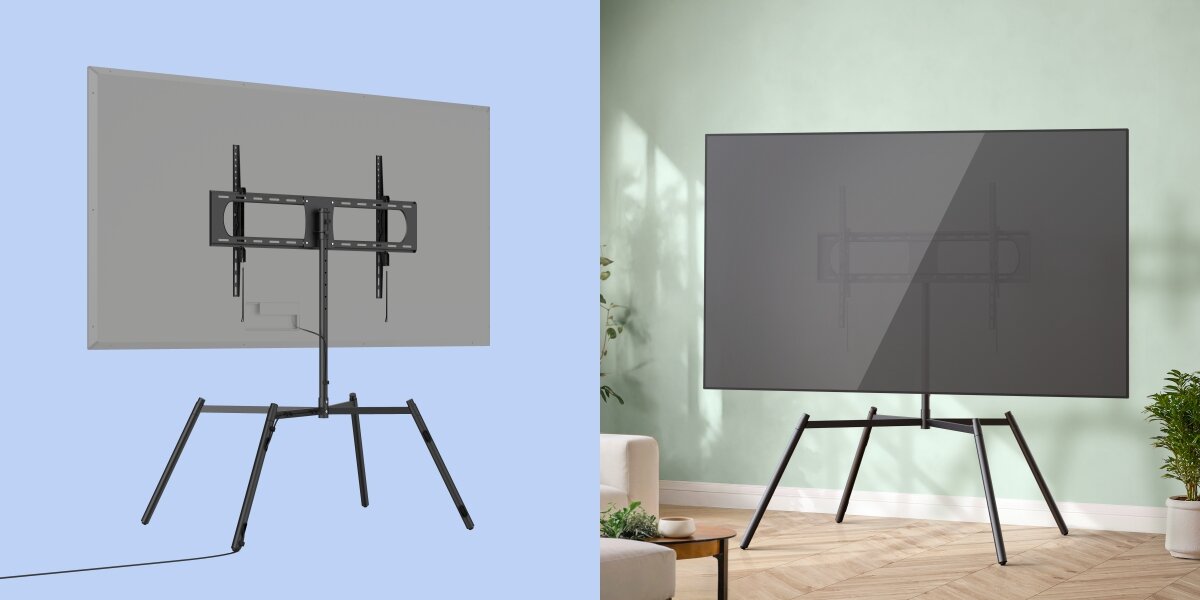 Stojak podłogowy HAMA do TV 60-90 cali 220894 Czarny Widok z tyłu i z przodu na telewizor zamontowany na designerskim stojaku podłogowym. Zdjęcie pokazuje system prowadzenia kabli wzdłuż nogi oraz stabilną postawę konstrukcji w jasnym pokoju.