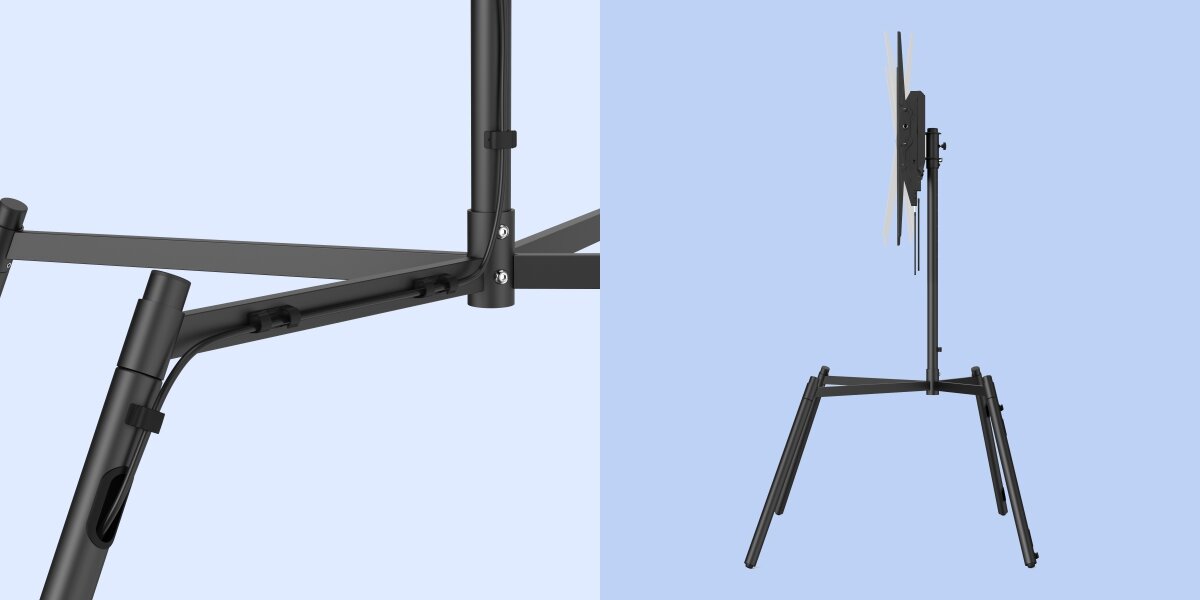 Stojak podłogowy HAMA do TV 60-90 cali 220894 Czarny Zbliżenie na system zarządzania kablami w stojaku pod TV oraz profil boczny pokazujący funkcję pochylenia ekranu (tilt). Klipsy na nogach stabilnie przytrzymują przewód zasilający.