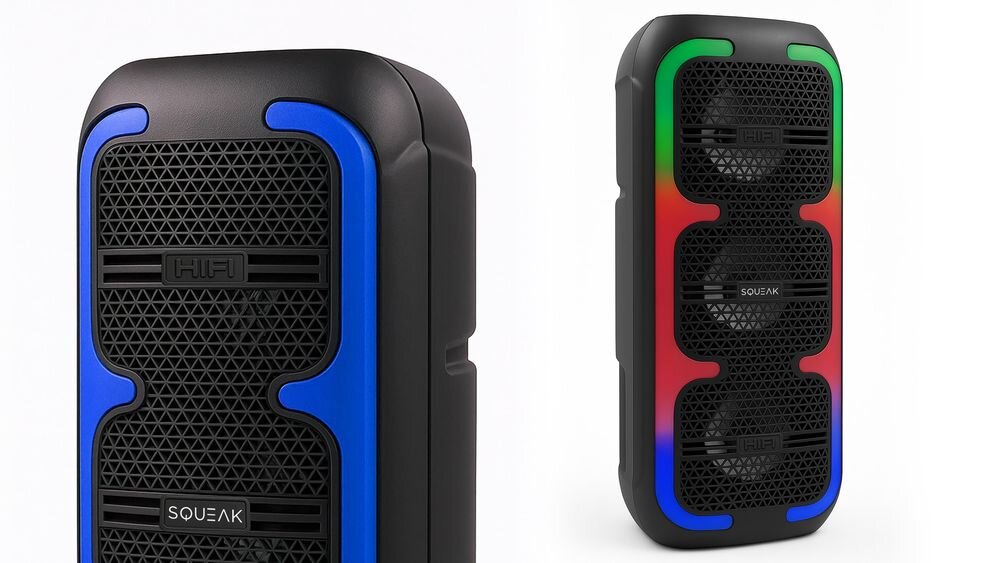 Power Audio SQUEAK BeatOne SQ1009 podświetlenie RGB efekty świetlne synchronizacja z muzyką, dwa głośniki na białym tle