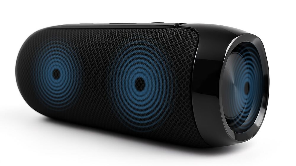 Głośnik mobilny SQUEAK Jet SQ1008 14W RMS 100W PMPO dwa głośniki 45 mm SNR powyżej 90 dB, głośnik po skosie na białym tle