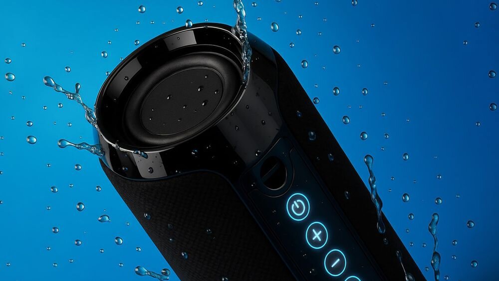 Głośnik mobilny SQUEAK Jet SQ1008 IPX4 wodoodporny USB-C 5V waga 420 g kompaktowe wymiary, głośnik ochlapany wodą na niebieskim tle