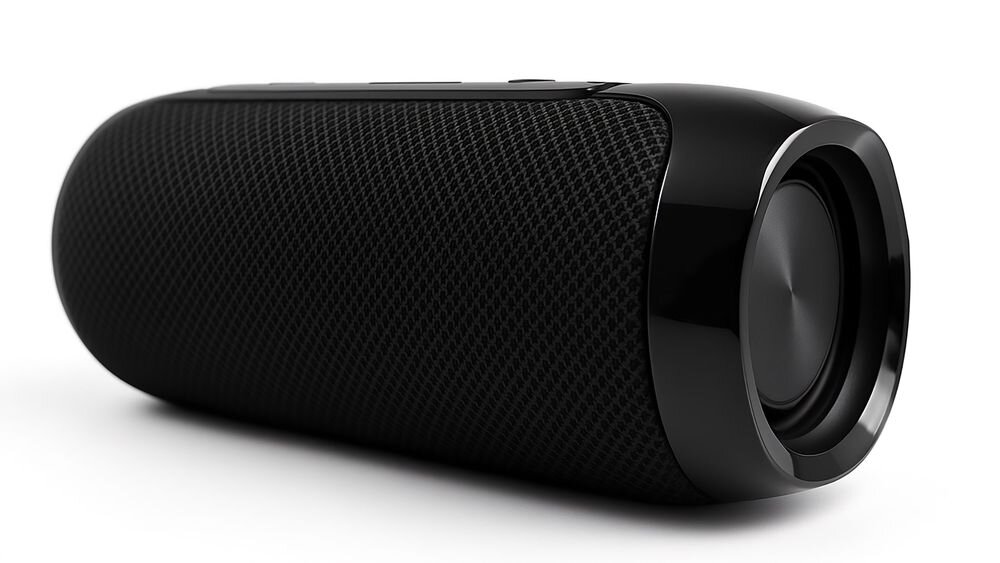 Głośnik mobilny SQUEAK Jet SQ1008 pasmo 40-18000 Hz protokoły L2CAP A2DP AVRCP sterowanie muzyką, głośnik po skosie na białym tle