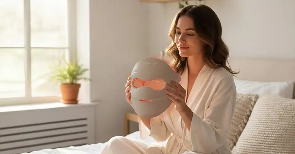 Maska LED BEAUTIFLY Aura Novaskin Pro 20-minutowa sesja, poprawa świeżości cery, wsparcie produkcji kolagenu, poprawa elastyczności, działanie antybakteryjne, redukcja stanów zapalnych