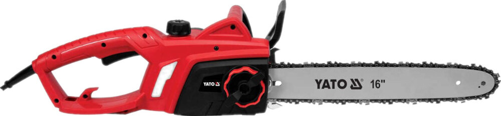 Piła elektryczna YATO YT-84870 niewielka budowa wysokiej jakości łańcuch i ostrza pojemność zbiornika na olej 110 ml przezroczysty wziernik podgląd stanu oleju w zestawie instrukcja obsługi w języku polskim karta gwarancyjna