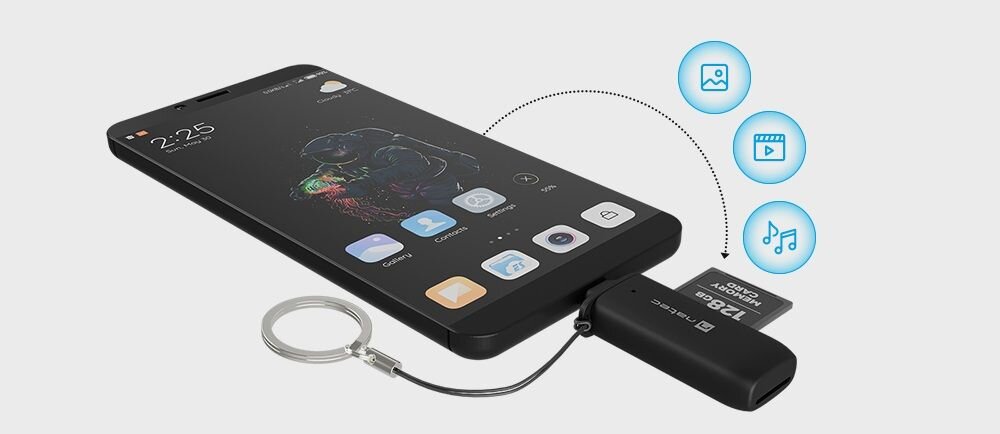 Czytnik kart pamięci NATEC Scarab C USB 3.2 Czarny Czytnik kart podłączony do smartfona z kartą pamięci i ikonami dla zdjęć i muzyki microSD SD pojemność do 2 TB zgodność z wieloma nośnikami