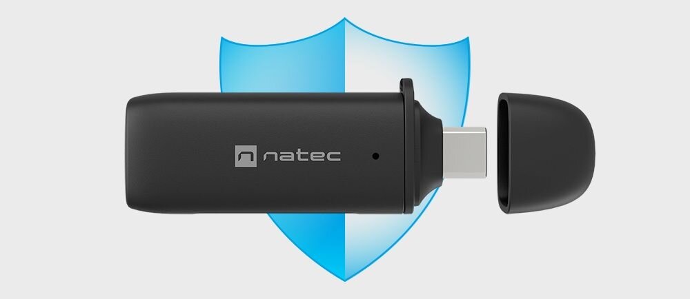 Czytnik kart pamięci NATEC Scarab C USB 3.2 Czarny Czytnik kart z czarną obudową i zaślepką ochronną, wyposażony we wtyczkę do podłączenia solidna obudowa nakładka zabezpieczająca ochrona urządzenia