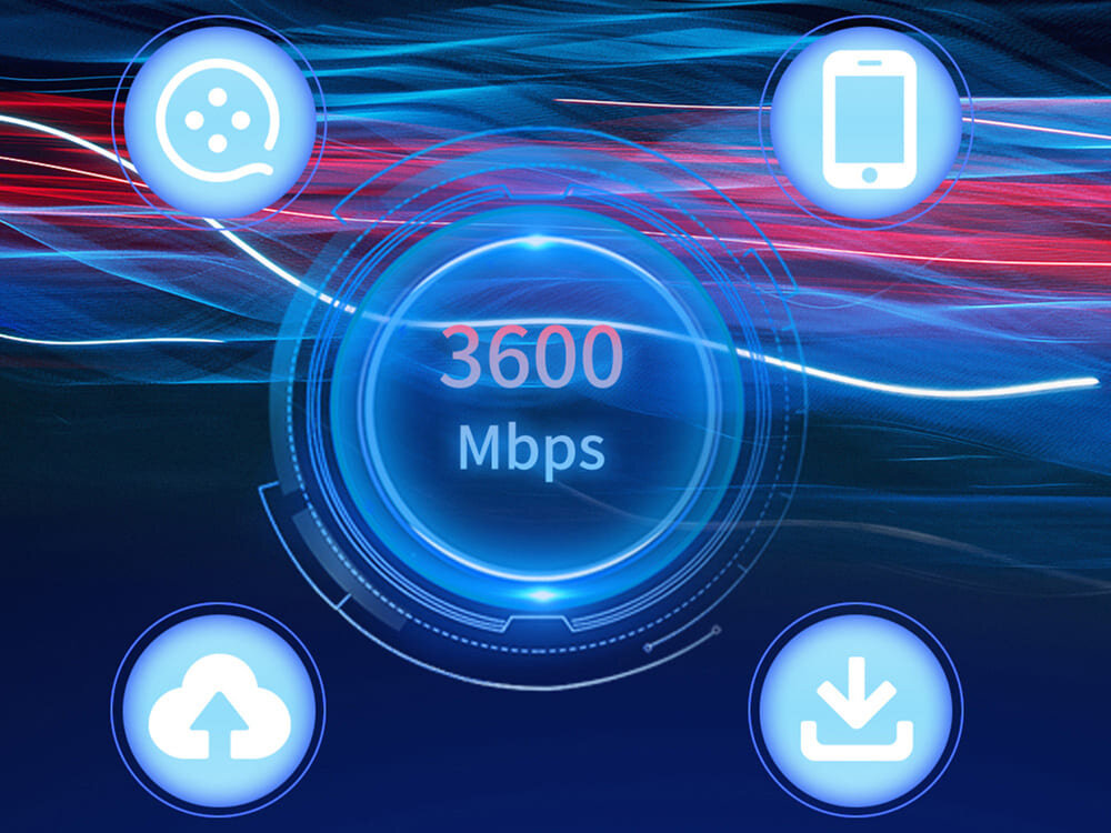 Router ZTE MC888B Grafika cyfrowa z napisem 3600 Mbps, otoczonym ikonami telefonu, pobierania, przesyłania i routera, na niebiesko-czerwonym tle symbolizującym szybkość. Wi-Fi 6, prędkość