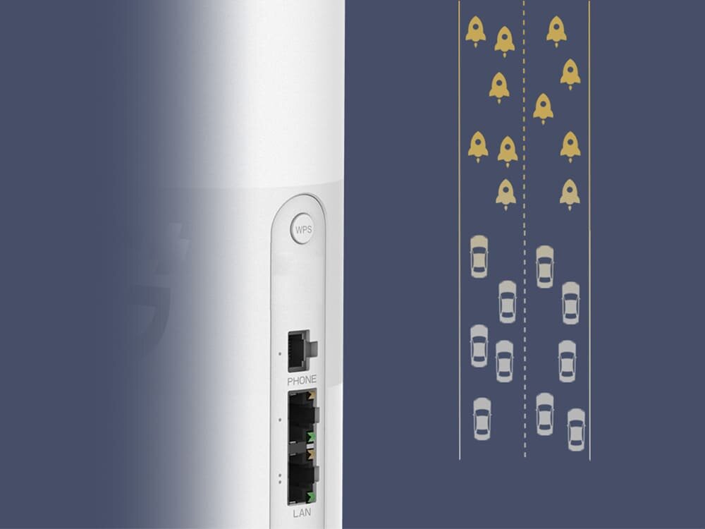 Router ZTE MC888B Zbliżenie na biały router ZTE MC888 z widocznym przyciskiem WPS oraz portami telefonicznym i LAN, obok grafiki rakiety wyprzedzającej auta, symbolizującej szybkość łącza. porty LAN, podłączenie
