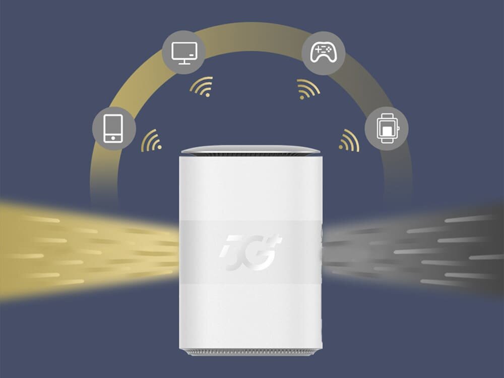 Router ZTE MC888B Ilustracja białego routera 5G na niebieskim tle, z ikonami smartfona, komputera, konsoli i smartwatcha połączonymi liniami Wi-Fi, pokazująca szeroką kompatybilność. źródła, przełączanie
