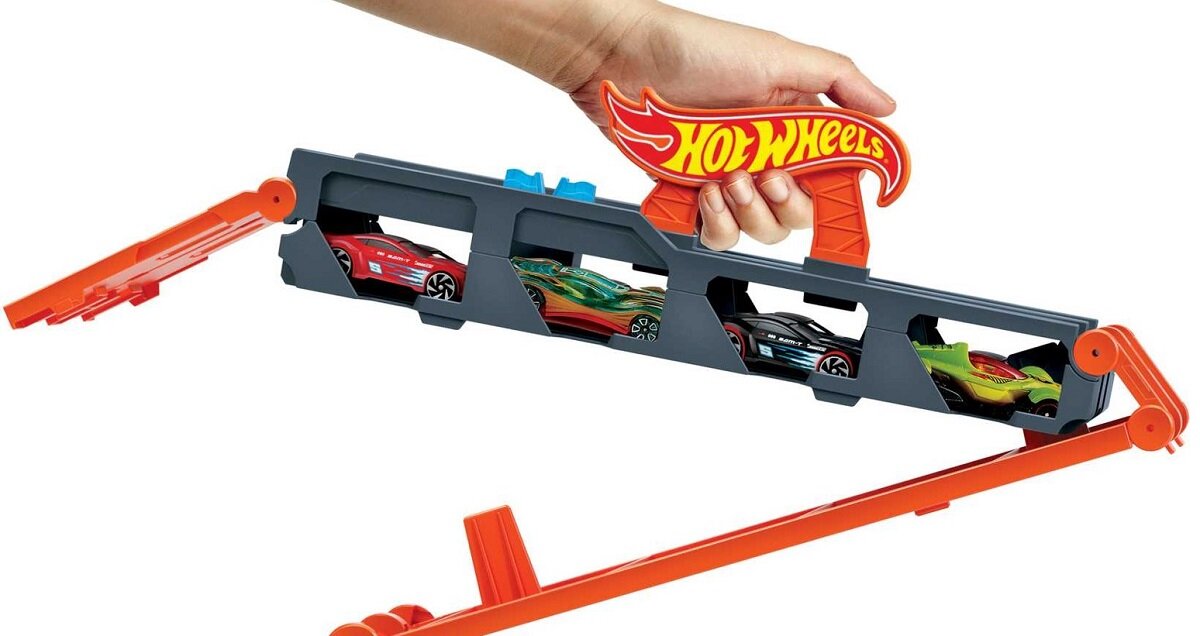 Samochód HOT WHEELS Transporter Wyścigowy 2w1 GVG37 wyścigi ciężarówka z naczepą transporter przyspieszacz metalowe samochody pojazdy kabina transformacja miejsce 25 pojazdów rajd przechowywane wystawianie hotweels prezent na urodziny mały metalowy samochodzik chłopcy dziewczynki kreatywność do łączenia łączy się rywalizacja zestaw do zabawy zabawka dla chłopca chłopięce zabawki metalowy mattel GVG37 wyścigowy transporter